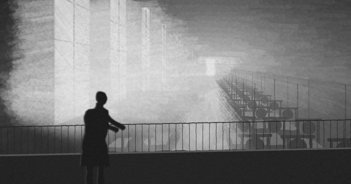 Painting in greyscale: a figure on a gallery looks down into a vast hall where looms work on their own in shafts of light.