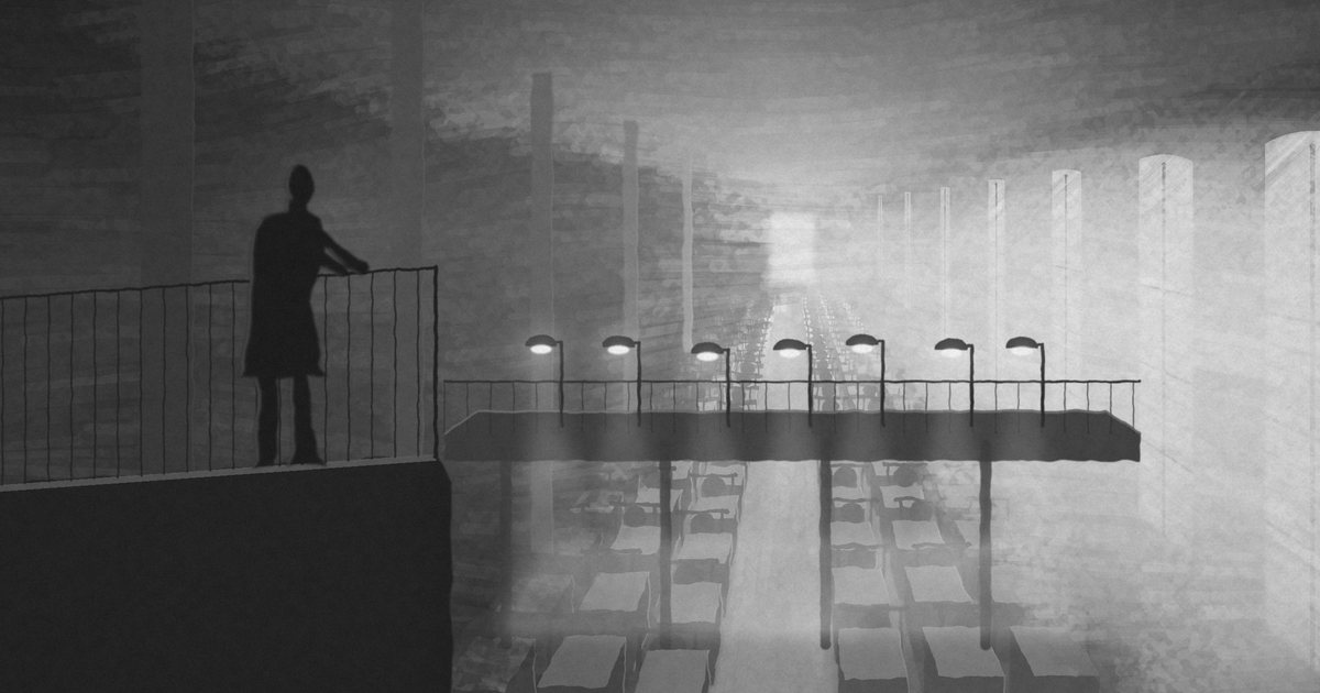 Painting in greyscale: a figure on a high landing looks down at a row of lamps bent over a hall where machines work on their own.