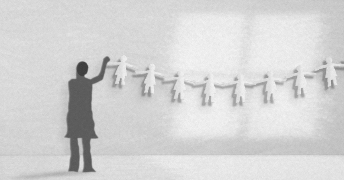 Painting in greyscale: in soft morning light, a person holds up a chain of identical paper figures cut from one sheet.